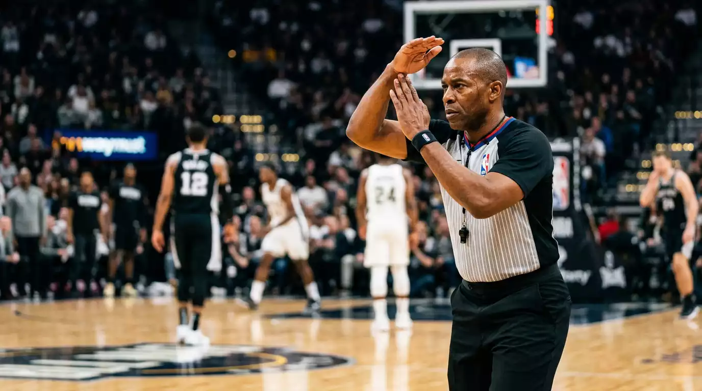 Basketball referee making foul call during NBA game with betting spread overlay illustrating manipulation mechanics