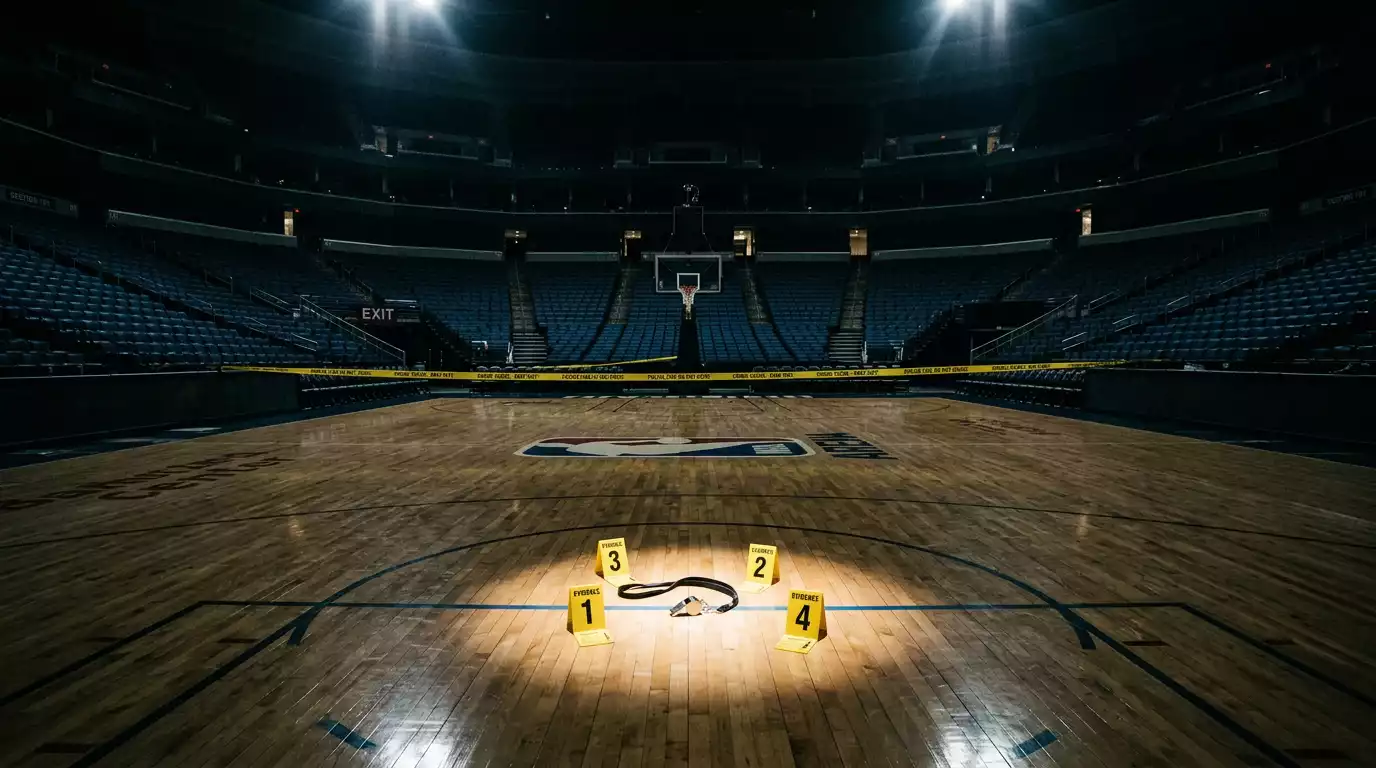NBA referee scandal investigation - basketball court with FBI evidence markers and referee whistle symbolising the betting corruption crisis